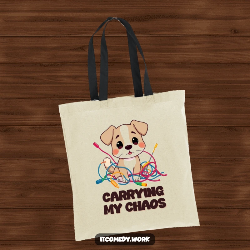 Funny curious dog character examining a tangled mess of colorful wires, on a tote bag for stylish tech chaos transport.